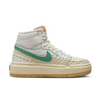 Nike high-top sneakers with woven detailing and green accents on a neutral background.