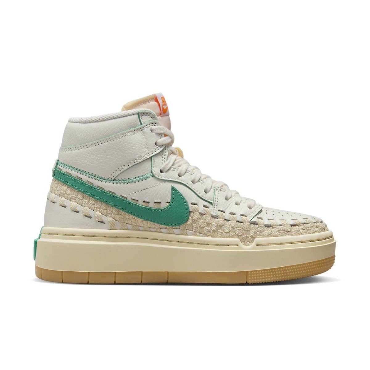 Nike high-top sneakers with woven detailing and green accents on a neutral background.