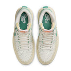 Top view of women's Jordan 1 Elevate High SP Union LA Bephies Beauty Supply shoes in white and green.