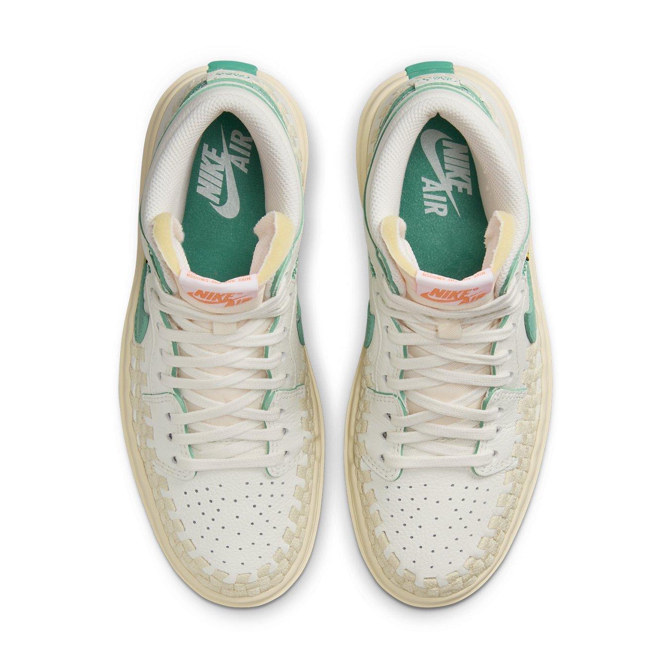 Top view of women's Jordan 1 Elevate High SP Union LA Bephies Beauty Supply shoes in white and green.