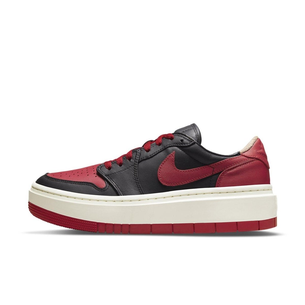 Jordan 1 Elevate Low SE Bred (W) with black and red leather upper and platform sole for added height.