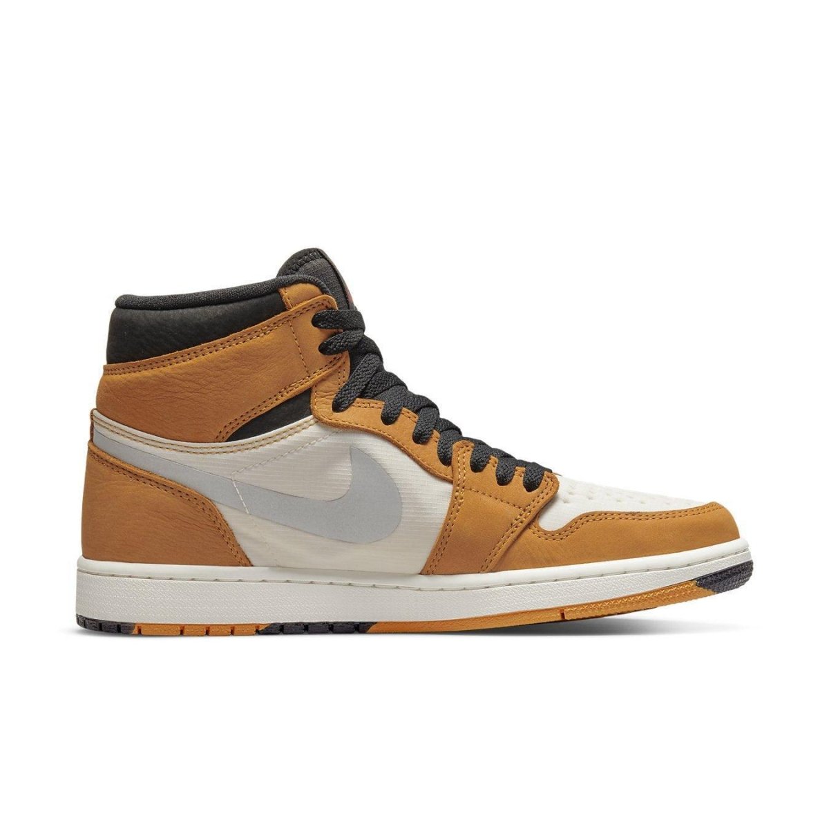 Jordan 1 High Element Gore-Tex Light Curry shoes featuring white base and curry accents, 3M Nike Checks, and clear sole.