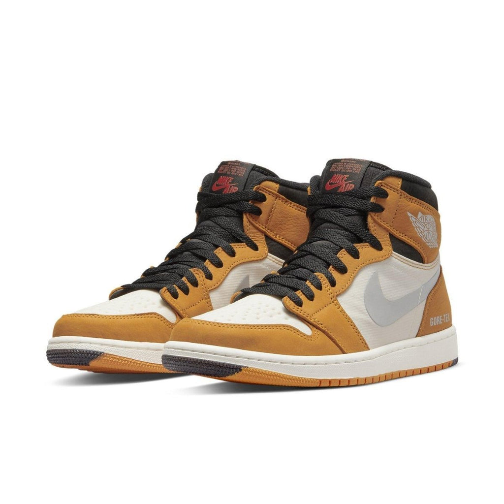 Jordan 1 High Element Gore-Tex Light Curry shoes featuring white, curry accents, and Gore-Tex materials.