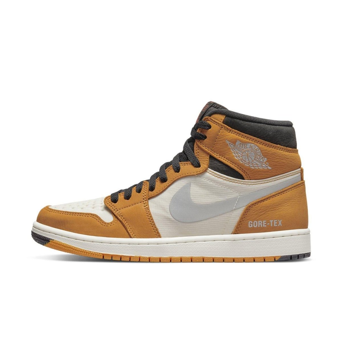 Jordan 1 High Element Gore-Tex Light Curry sneakers in white and curry with 3M Nike Checks and clear sole.