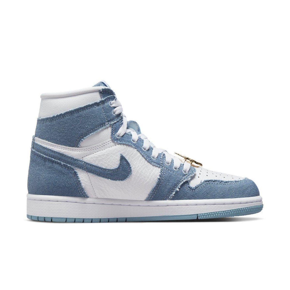 Air Jordan 1 High OG Denim for women featuring washed denim and leather design, side view.