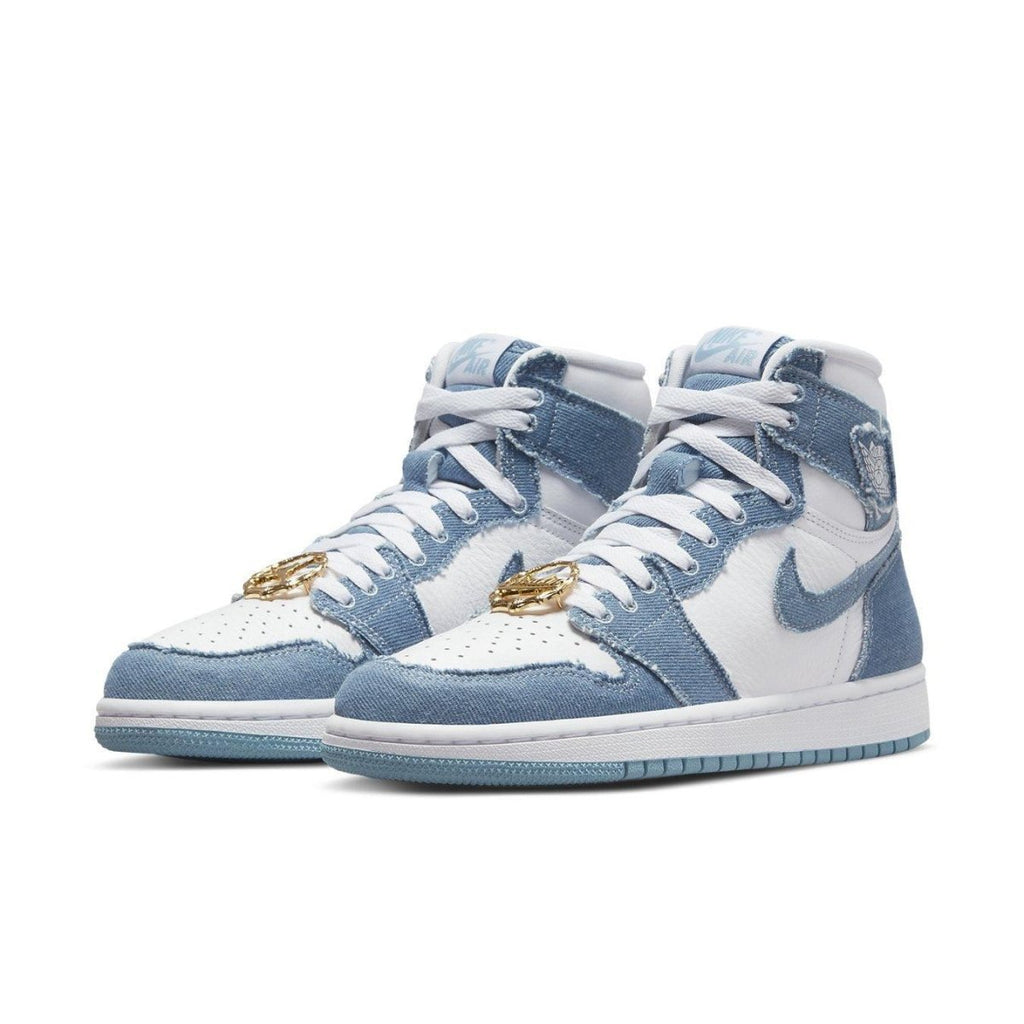 Air Jordan 1 High OG Denim (W) sneakers featuring a white leather and washed denim upper.