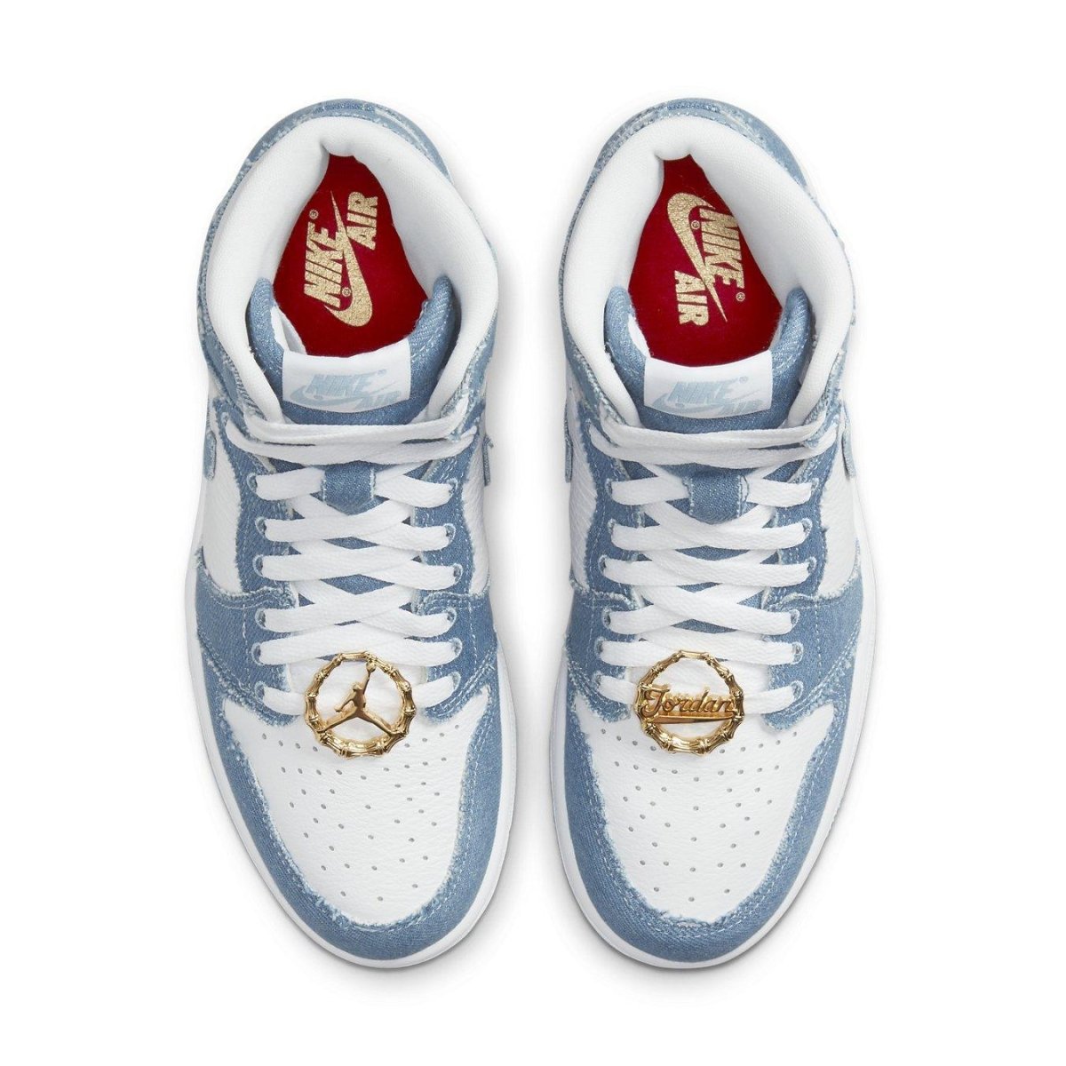 Air Jordan 1 High OG Denim (W) featuring a denim upper, white leather, and unique gold accessories.