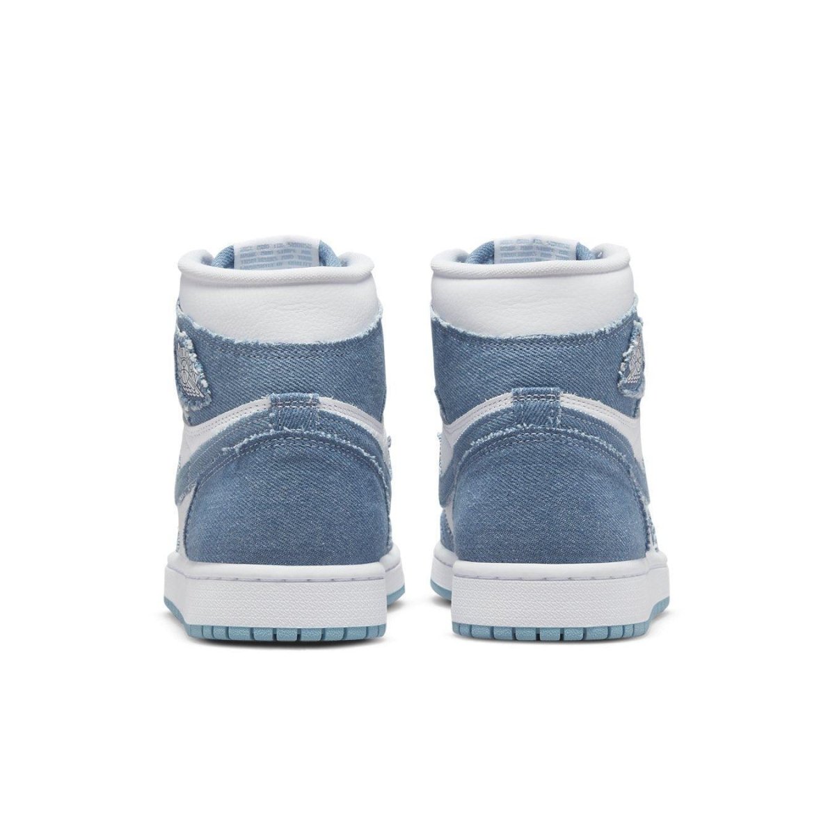 Rear view of Jordan 1 High OG Denim women's sneakers featuring a light blue denim and white leather design.