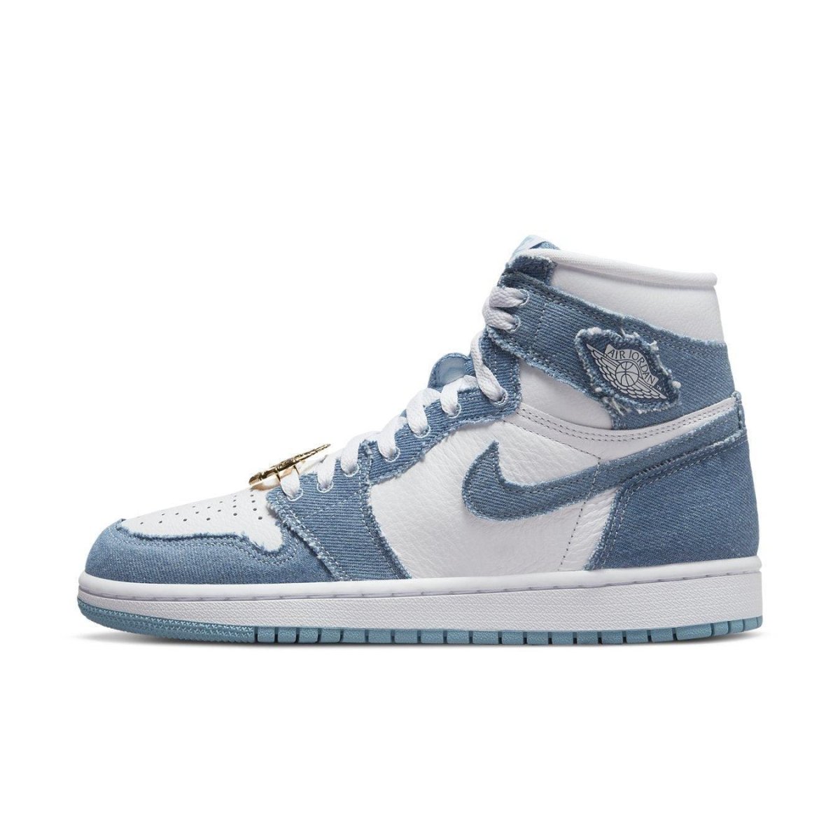 Air Jordan 1 High OG Denim Women's sneaker featuring white leather and washed denim design.