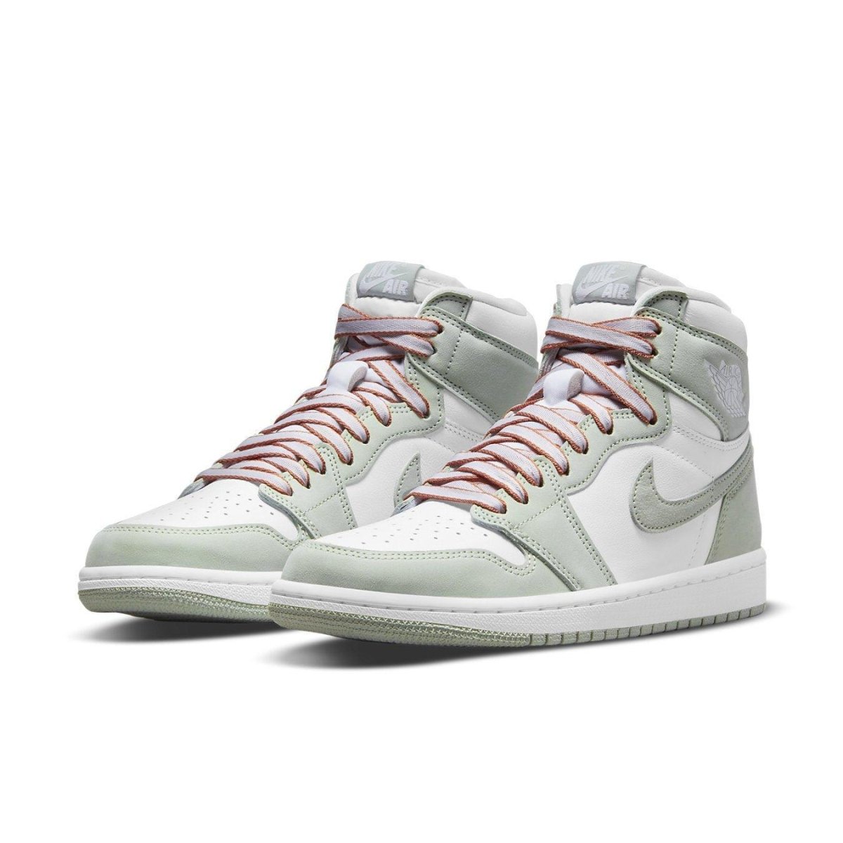 Air Jordan 1 High OG Seafoam sneakers in green and white with brown laces, perfect for collectors and sneaker enthusiasts.