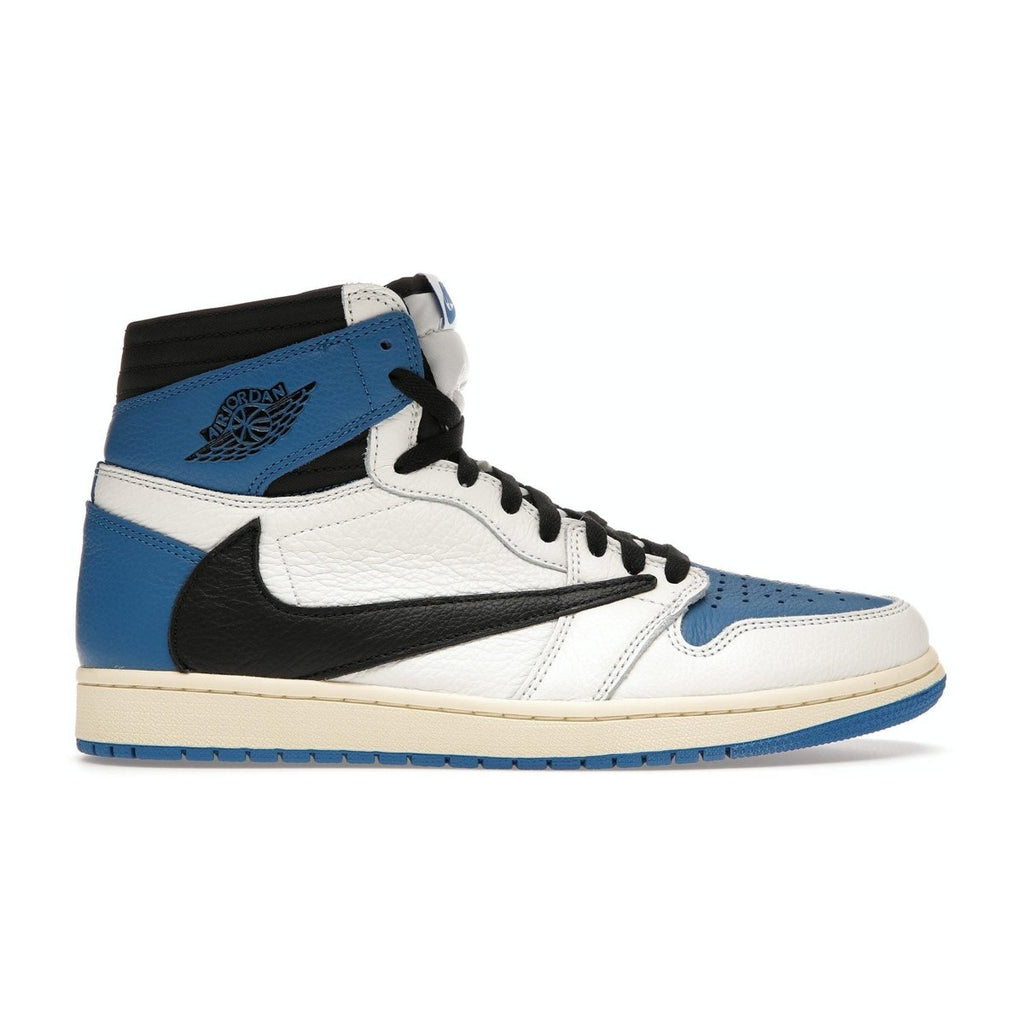 Air Jordan 1 High OG in white, black, and blue with inverted Swoosh design by Travis Scott.