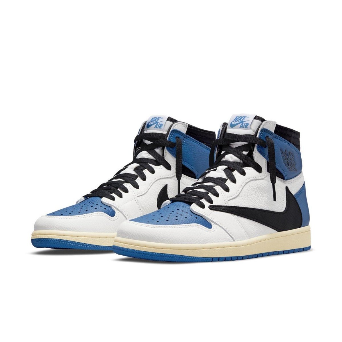 Air Jordan 1 High OG in blue, black, and white with inverted Swoosh design by Travis Scott.