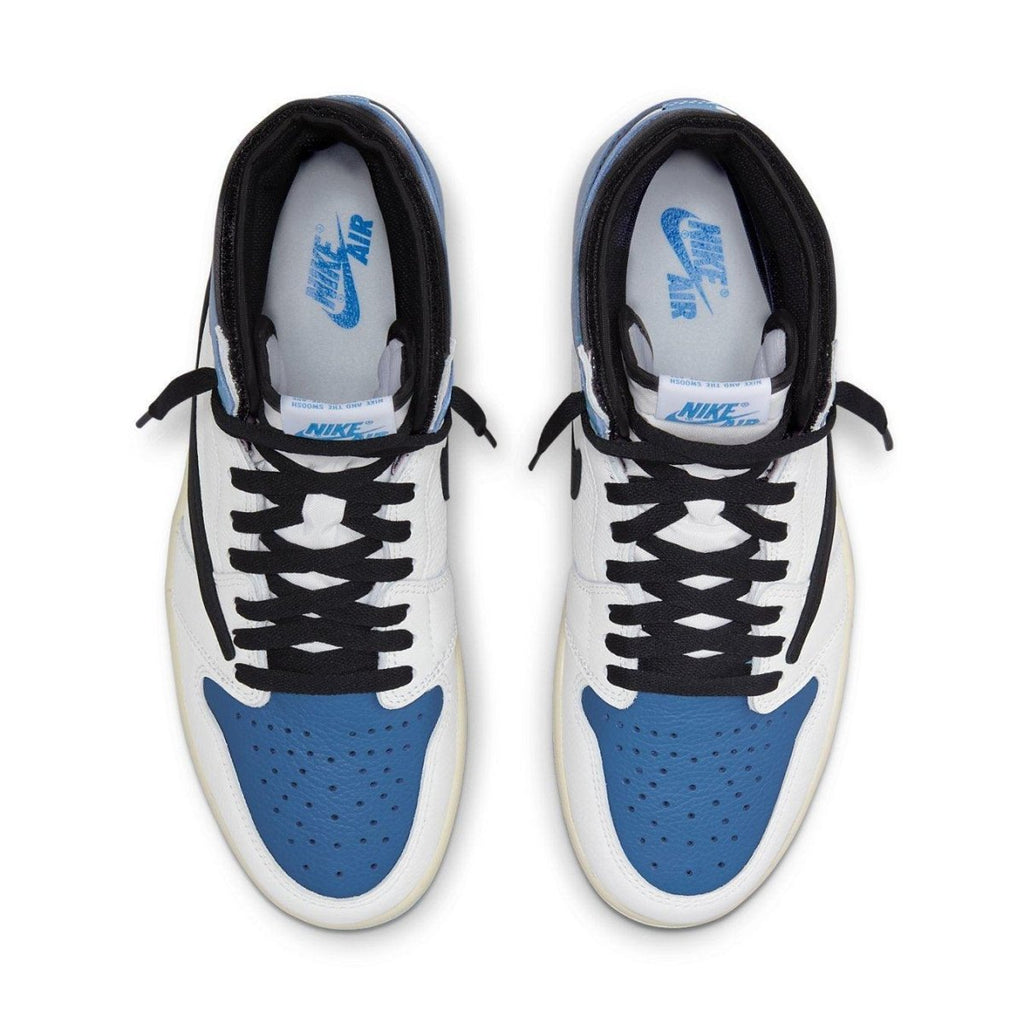 Top view of Air Jordan 1 High OG SP fragment design x Travis Scott sneakers in white and blue colorway.