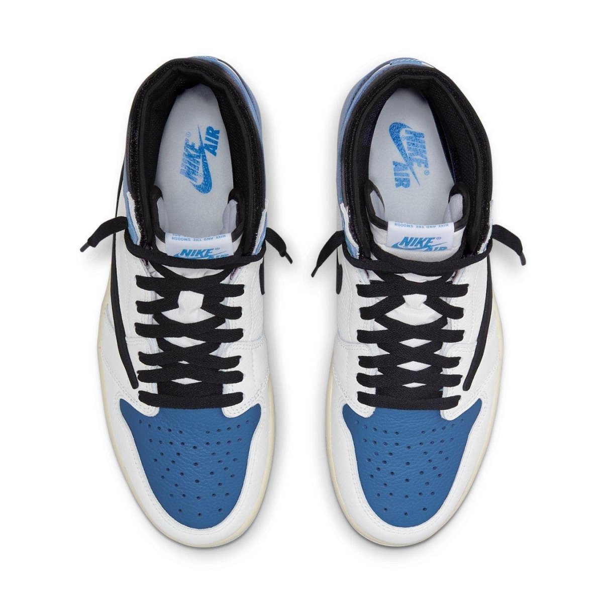 Top view of Air Jordan 1 High OG SP fragment design x Travis Scott sneakers in white and blue colorway.
