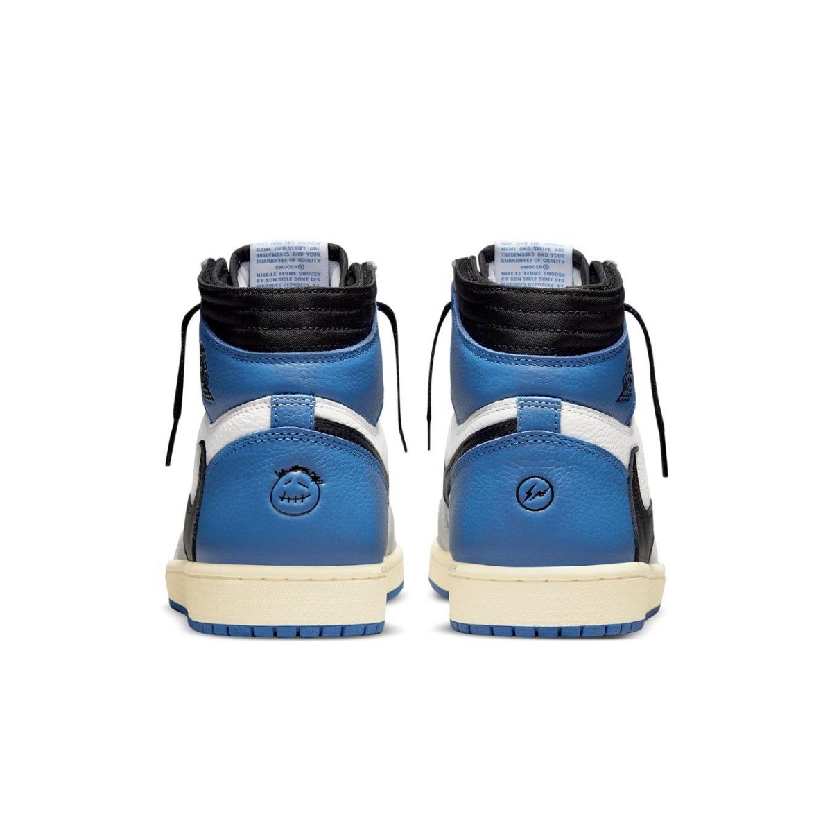 Back view of Air Jordan 1 High OG SP Fragment Design x Travis Scott sneakers in blue and black.