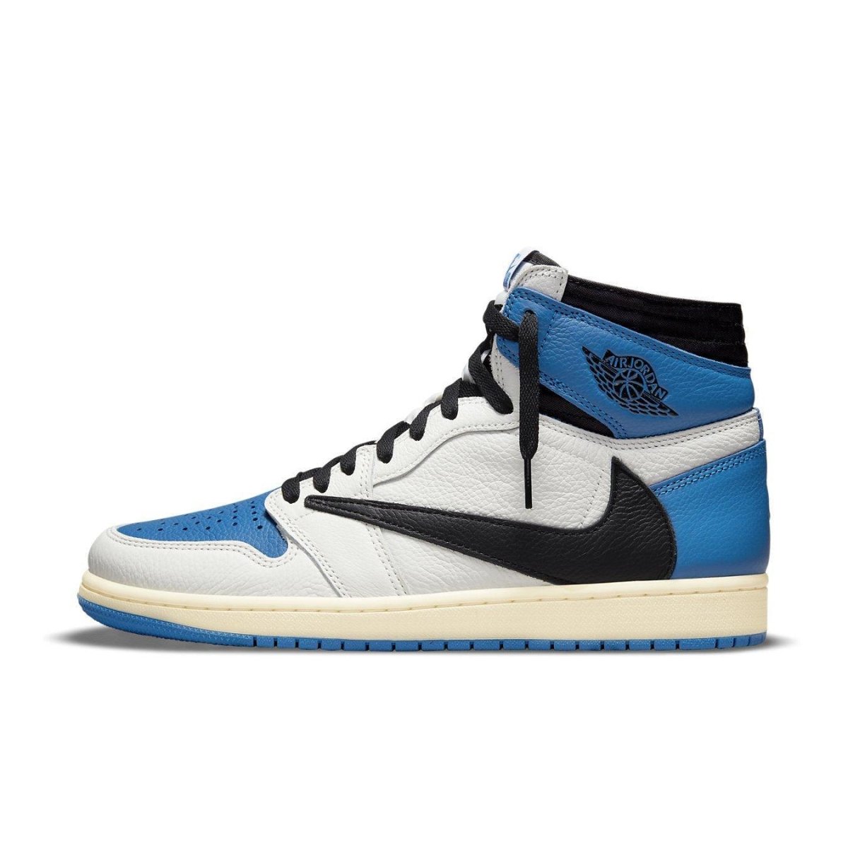 Air Jordan 1 High OG SP fragment design x Travis Scott featuring black leather, white base, and blue accents.