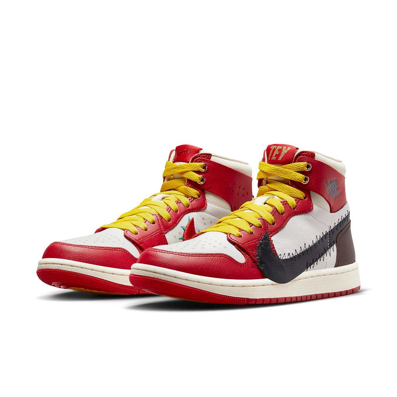 Air Jordan 1 High Zoom Comfort 2 'A Rose From Harlem' in red, white, and brown with unique design details.