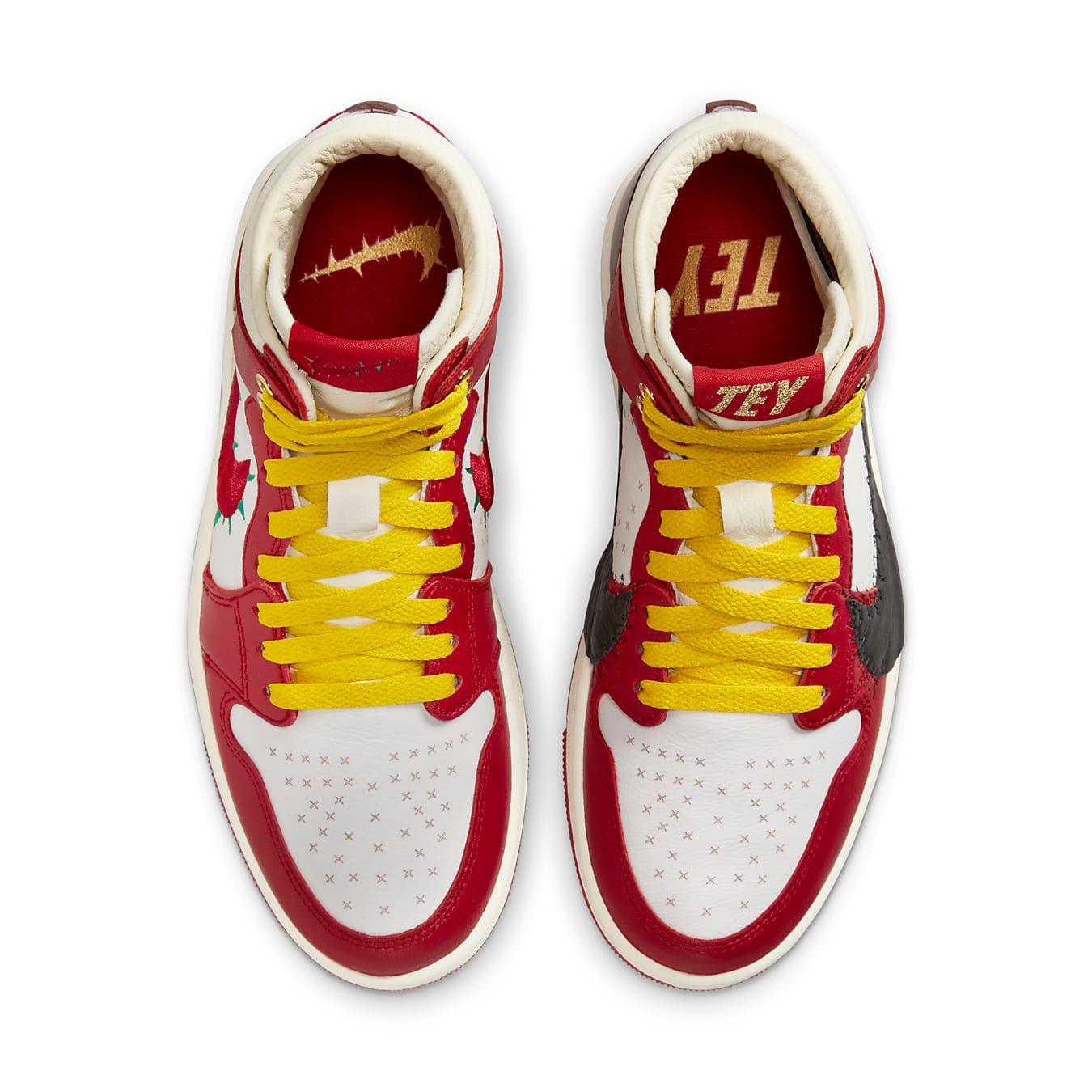 Top view of Jordan 1 High Zoom Air CMFT 2 Teyana Taylor 'A Rose From Harlem' sneakers with red and yellow accents.