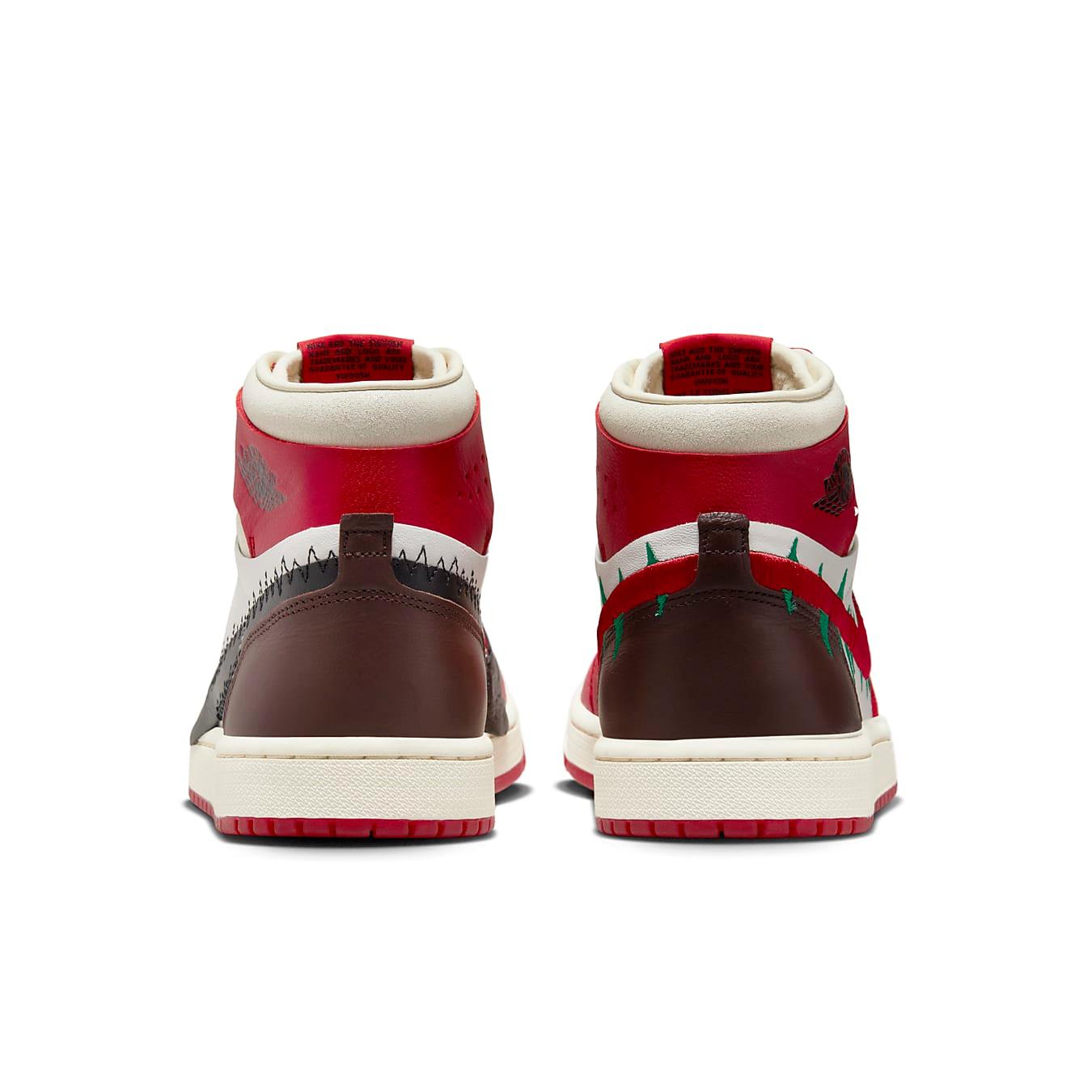 Back view of women's Jordan 1 High Zoom Comfort 2 Teyana Taylor sneaker featuring red and chocolate brown design.