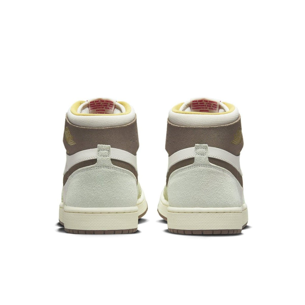 Rear view of Jordan 1 High Zoom Air CMFT 2 Year Of The Rabbit showing mint green, brown suede, and Zoom Air cushioning.