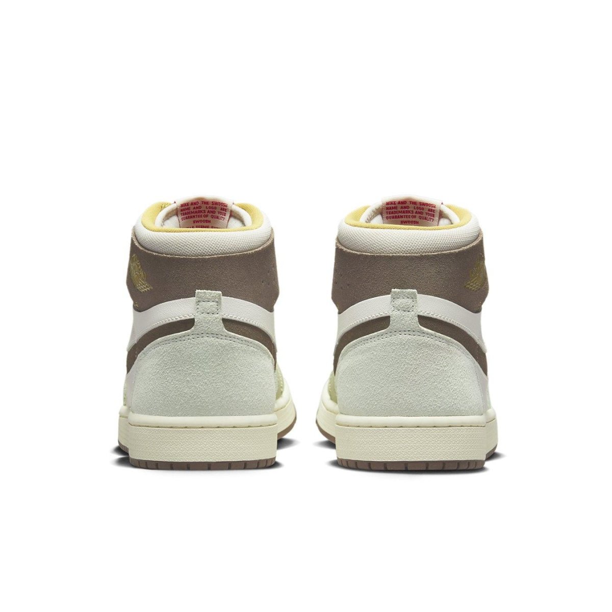 Rear view of Jordan 1 High Zoom Air CMFT 2 Year Of The Rabbit showing mint green, brown suede, and Zoom Air cushioning.