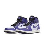 Air Jordan 1 High Zoom Air CMFT Crater Purple sneakers featuring soft suede and white leather accents.