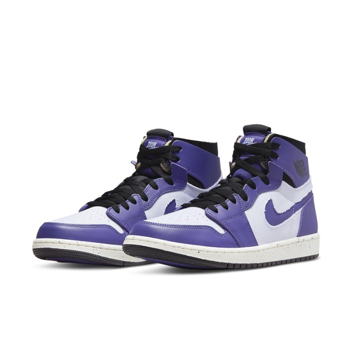 Air Jordan 1 High Zoom Air CMFT Crater Purple sneakers featuring soft suede and white leather accents.
