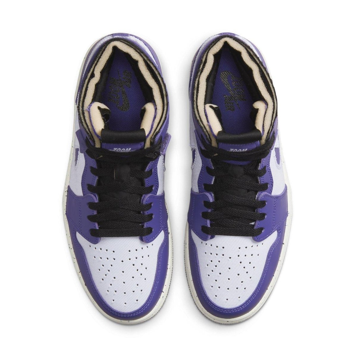 Air Jordan 1 High Zoom Air CMFT Crater Purple sneakers with black laces and purple suede accents.