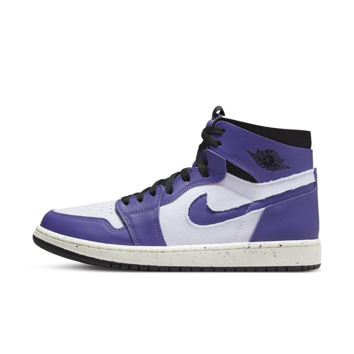 Jordan 1 High Zoom Air CMFT Crater Purple sneakers in vibrant purple and white colorway with high-top design.