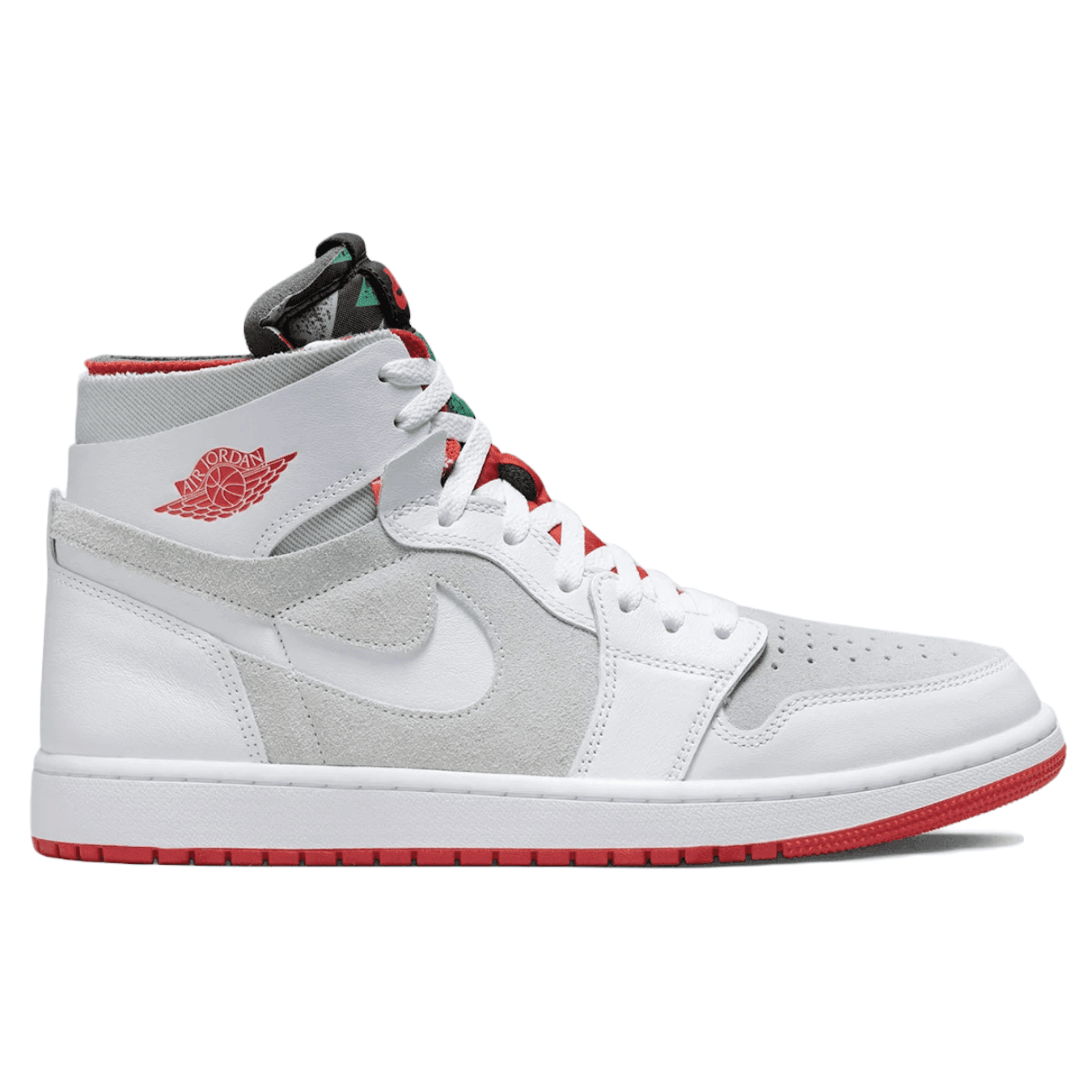Jordan 1 High Zoom Air CMFT Hare in white and light grey with red accents, featuring Zoom Air cushioning.