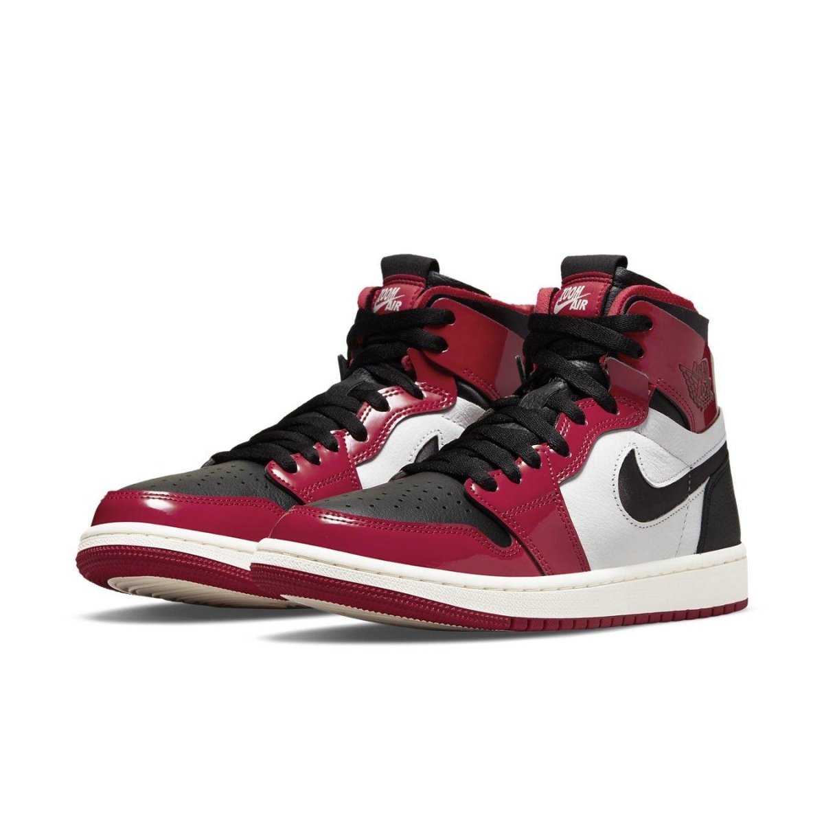 Jordan 1 High Zoom Air CMFT Patent Chicago (W) sneakers with red, white, and black colorway.