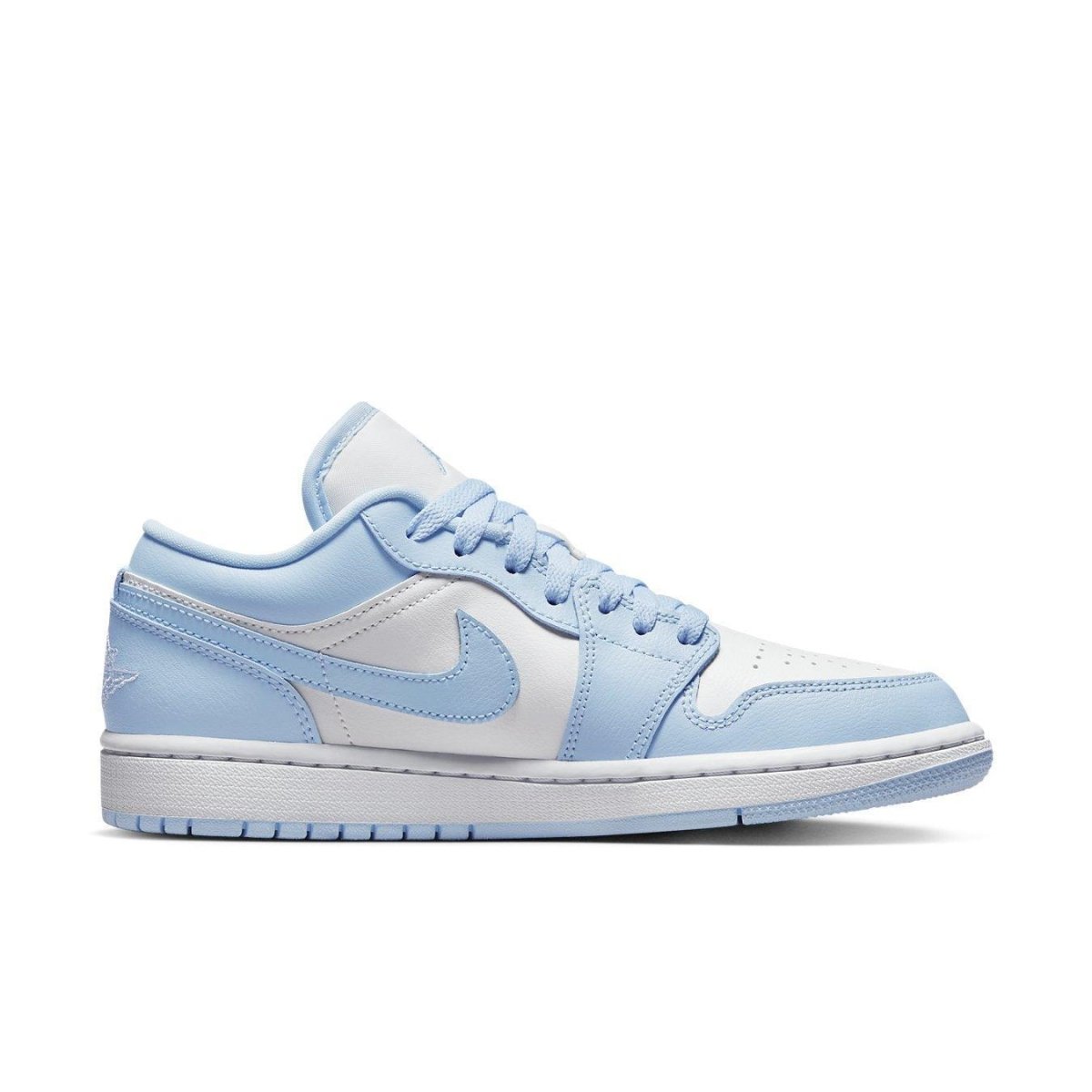 Nike Air Jordan 1 Low Aluminum Women's sneakers in white and blue colorway, featuring perforated toe and Swoosh accents.