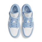 Air Jordan 1 Low Aluminum Women's sneakers featuring white leather and blue overlays.