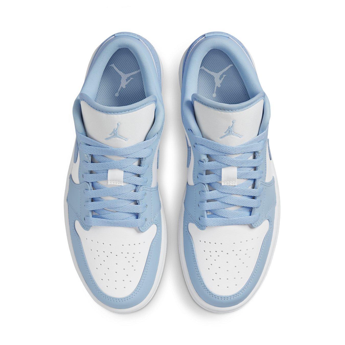 Air Jordan 1 Low Aluminum Women's sneakers featuring white leather and blue overlays.