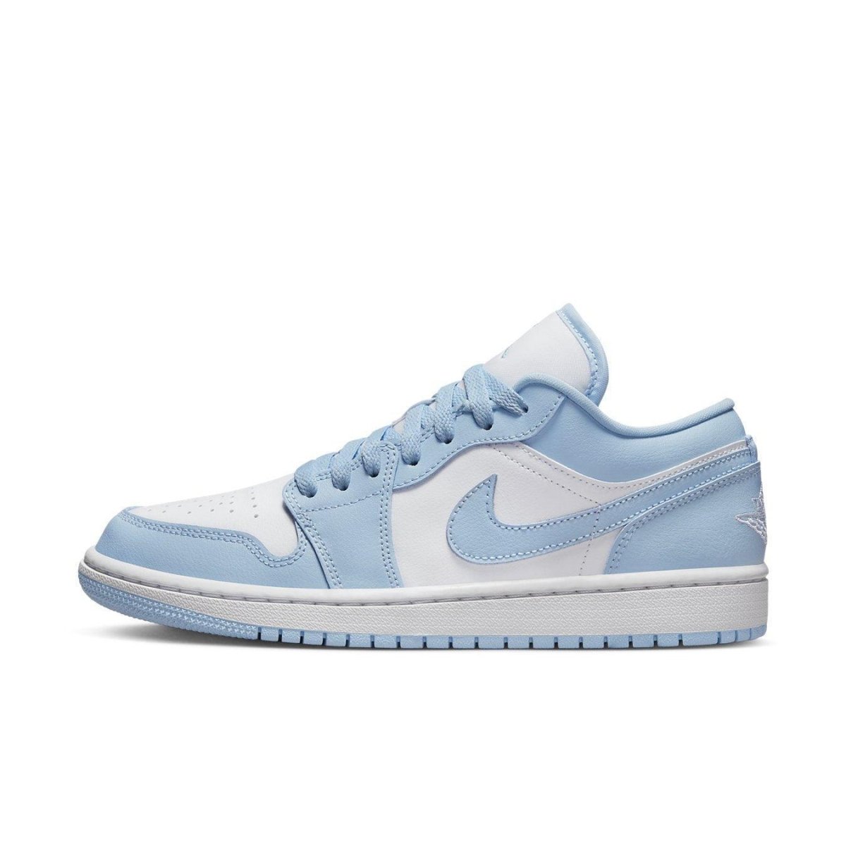 Side view of Air Jordan 1 Low Aluminum Women's sneakers in white and light blue, featuring perforated toe and Swoosh details.