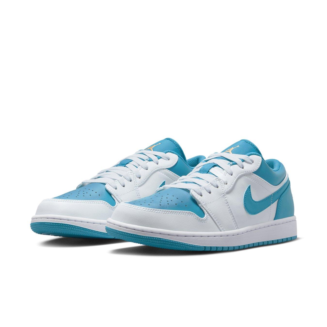 Jordan 1 Low Aquatone sneaker featuring a white base with Celestial blue accents, perfect for street style.