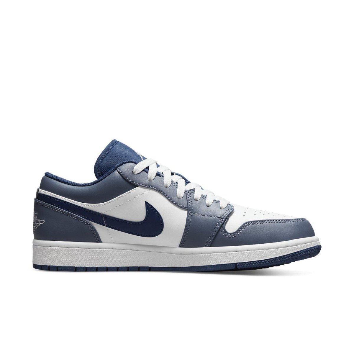 Nike Air Jordan 1 Low Ashen Slate in navy and white, featuring a sleek design and classic silhouette.