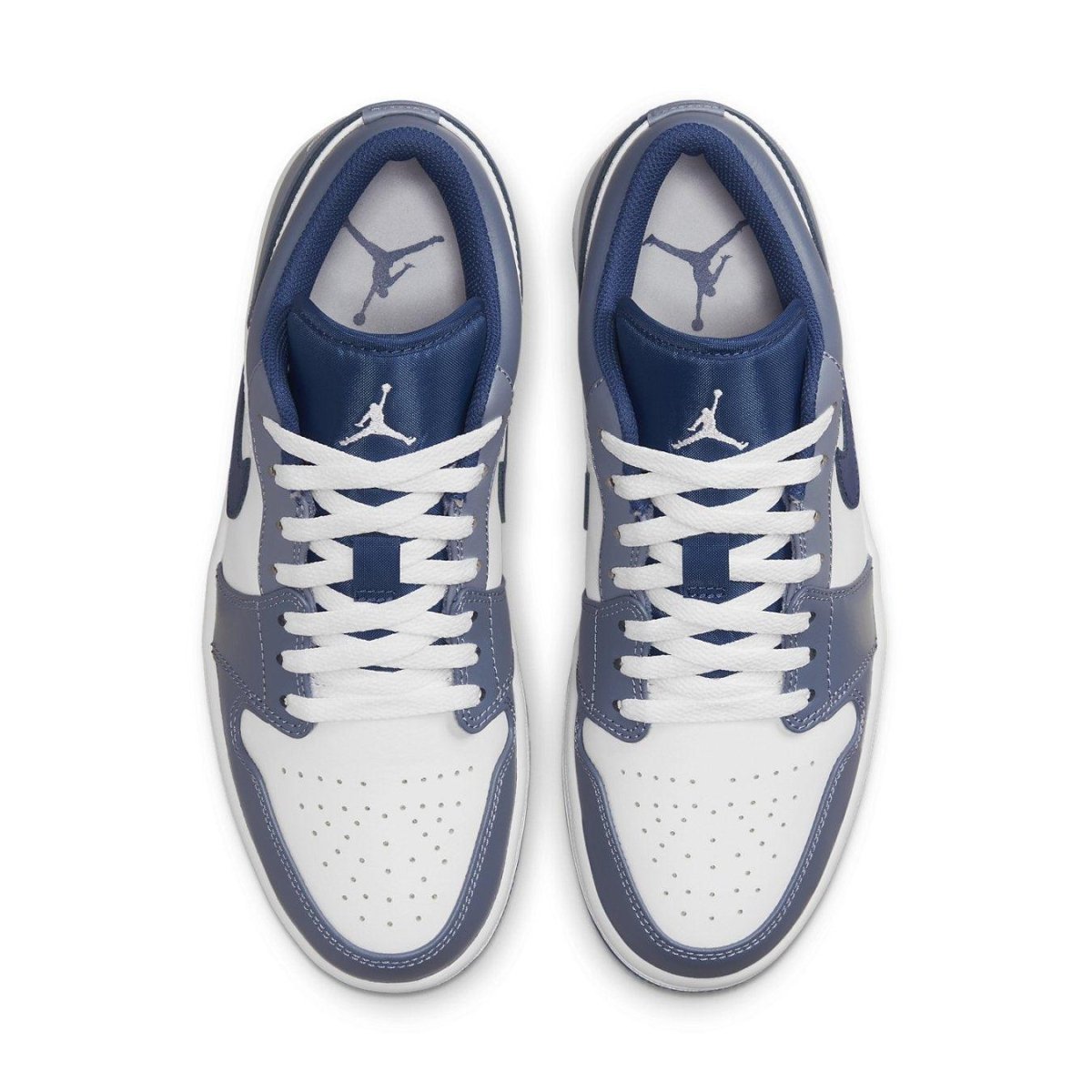 Jordan 1 Low Ashen Slate sneakers showcasing navy and white colorway from above.