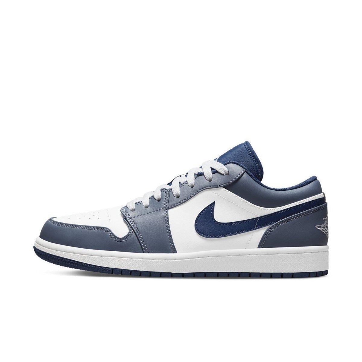 Jordan 1 Low Ashen Slate sneakers in navy and white, featuring a sleek design and iconic Swoosh logo.