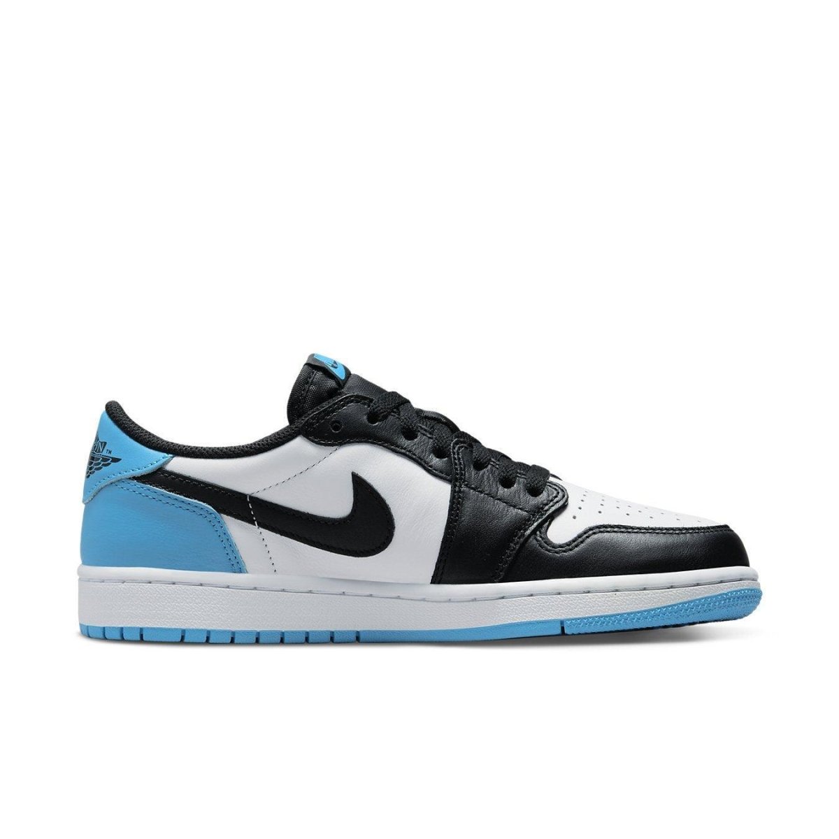Air Jordan 1 Low Black and University Blue sneaker side view on white background