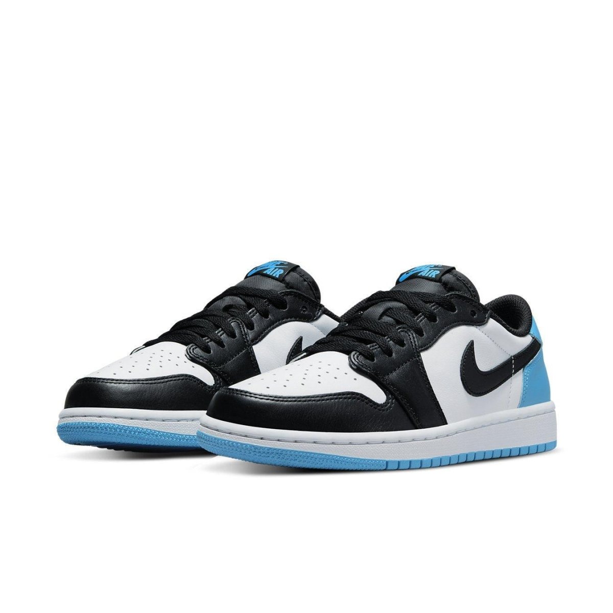 Air Jordan 1 Low Black Dark Powder Blue sneakers featuring a white and black design with blue accents.