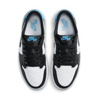 Top view of Air Jordan 1 Low Black Dark Powder Blue (W) showcasing black and white design with university blue accents.