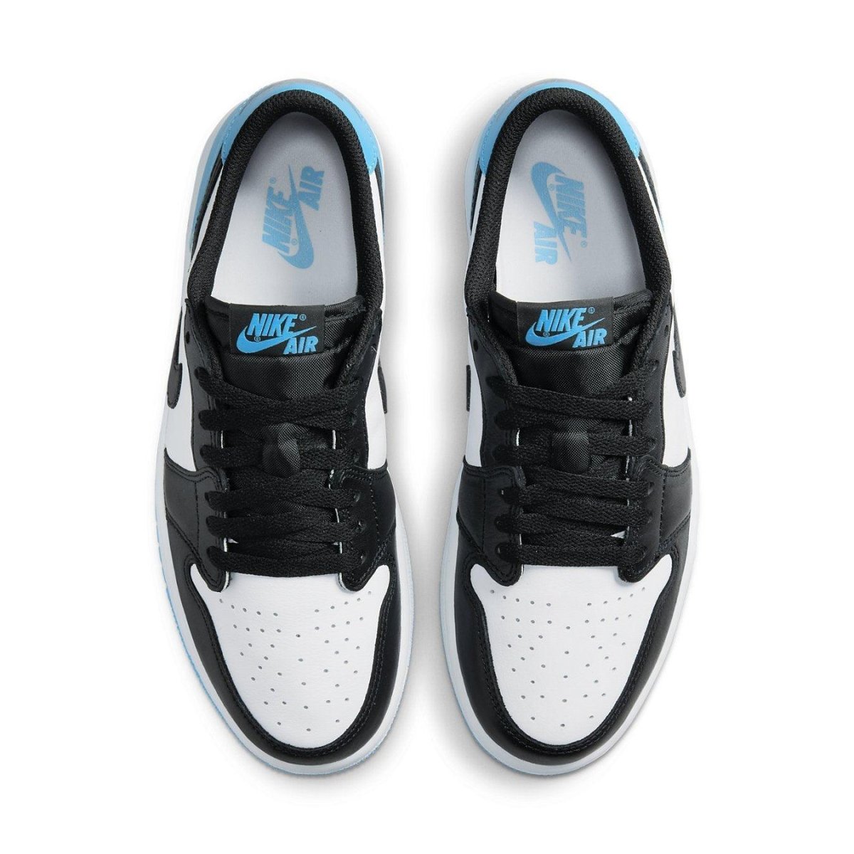 Top view of Air Jordan 1 Low Black Dark Powder Blue (W) showcasing black and white design with university blue accents.