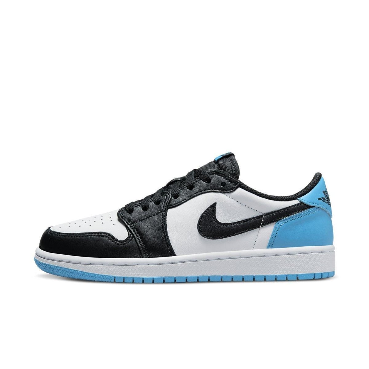 Air Jordan 1 Low Black Dark Powder Blue (W) side view with black, white, and university blue accents.