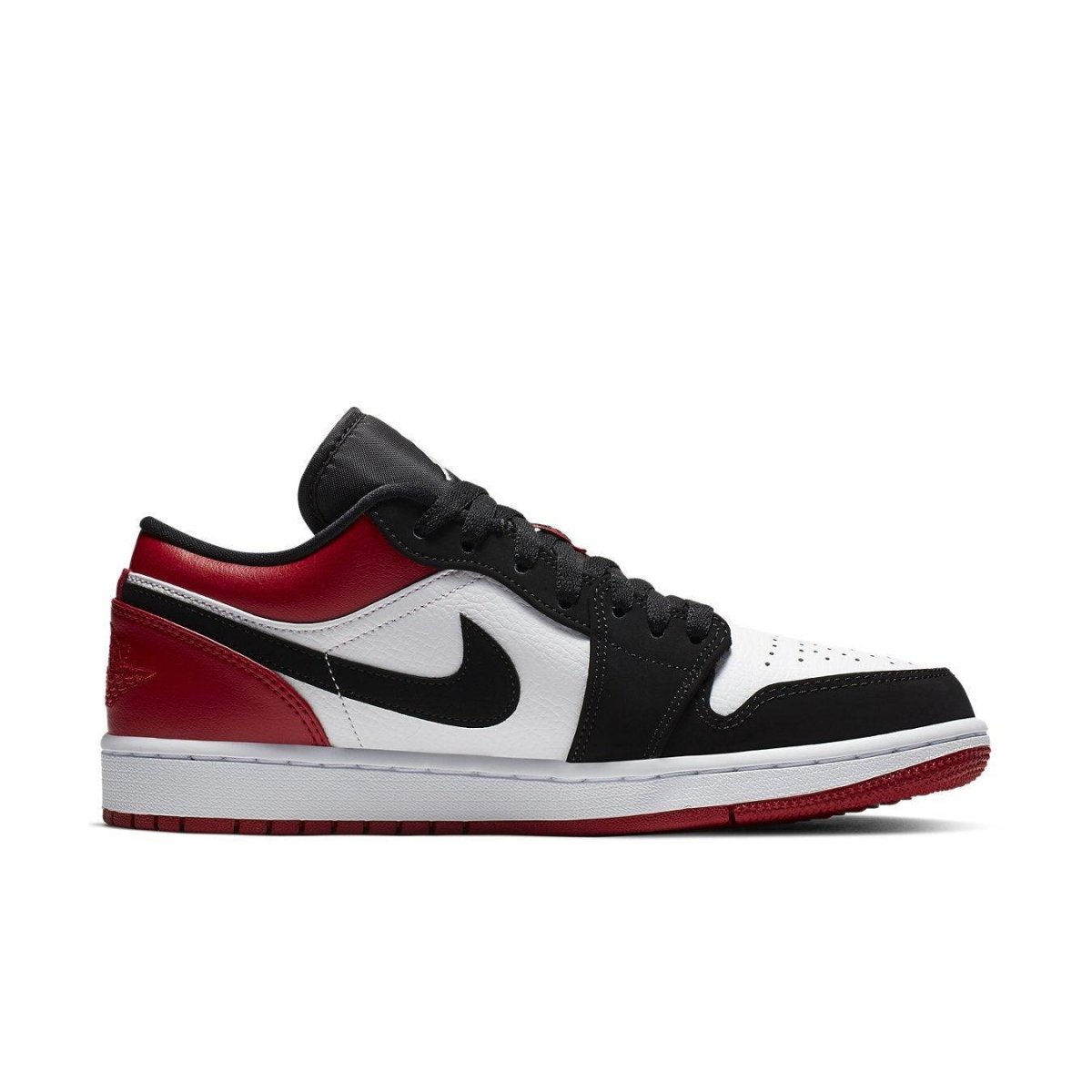 Jordan 1 Low Black Toe sneaker with black, white, and red colorway, showcasing premium materials and iconic design.
