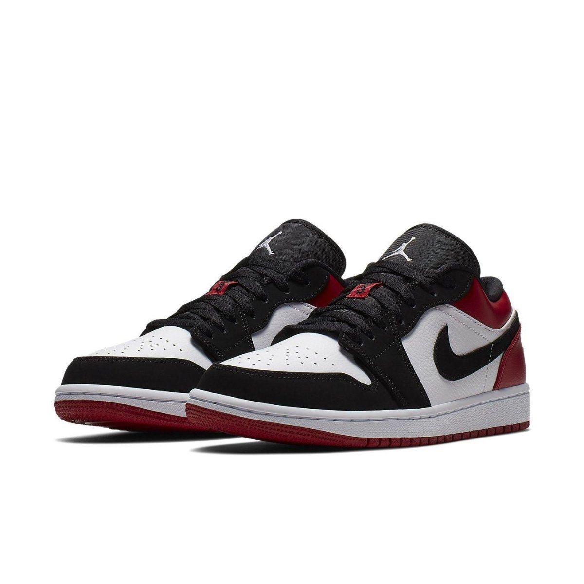 Jordan 1 Low Black Toe sneakers featuring black, white, and red colorway with premium leather and suede.