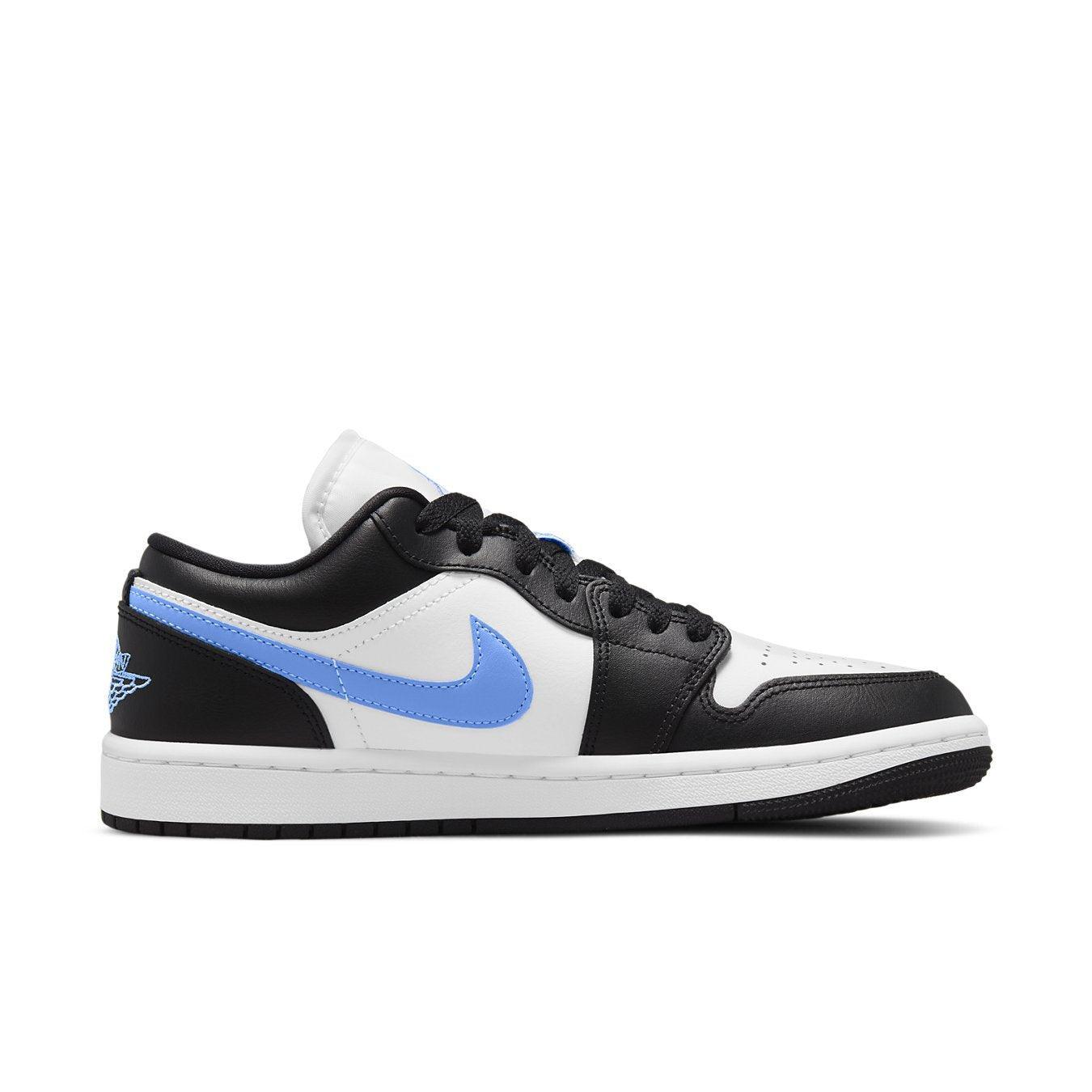 Air Jordan 1 Low Black University Blue White Women's sneaker featuring black, white, and light blue design.