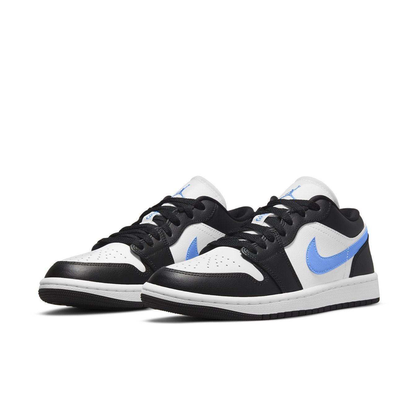 Air Jordan 1 Low Black University Blue White sneakers for women featuring black and white design with blue accents.