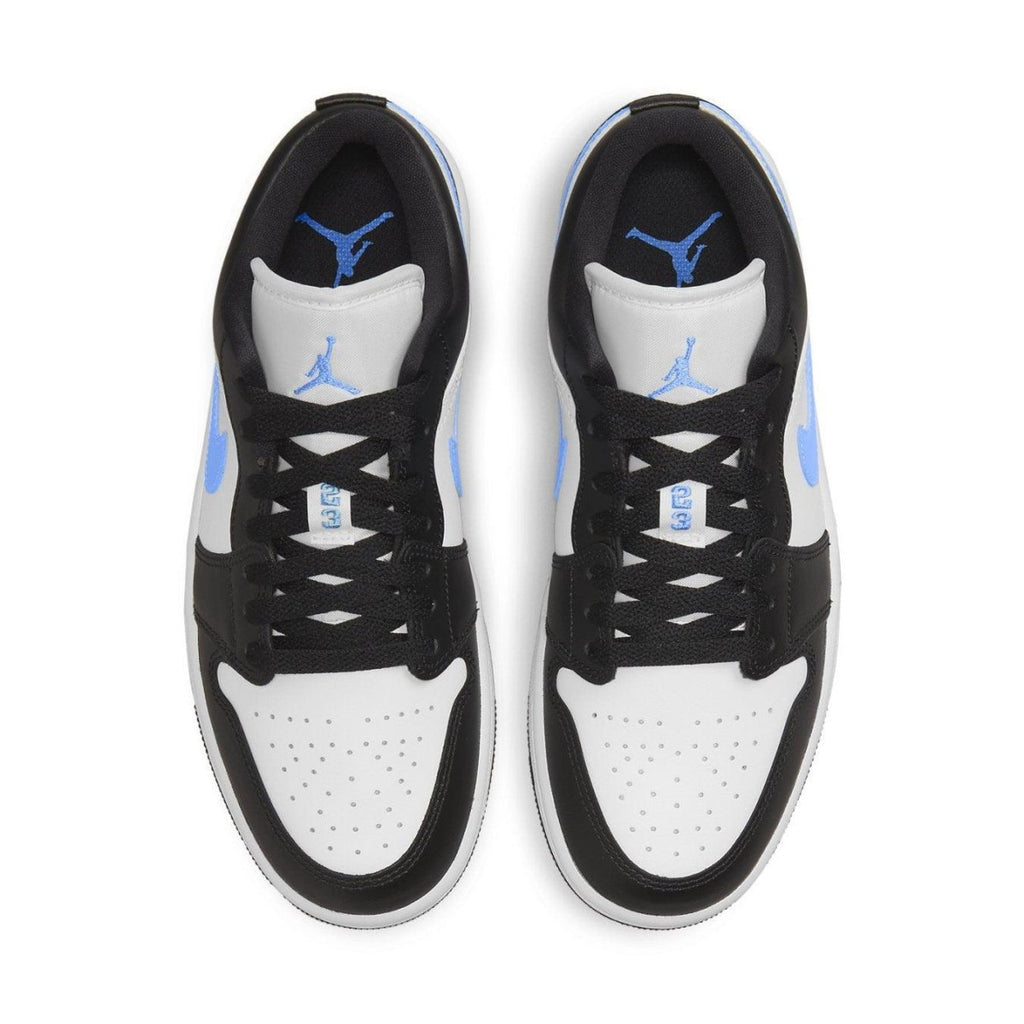 Air Jordan 1 Low Black University Blue White Women's sneaker, featuring bold black, clean white, and blue accents.