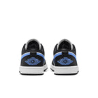 Back view of the Jordan 1 Low Black University Blue White sneakers for women, featuring sleek design and bold black accents.